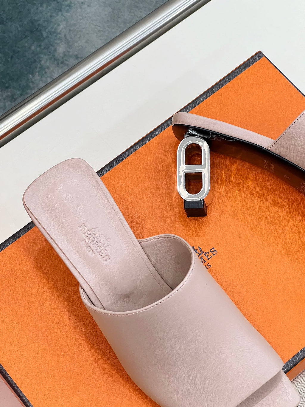 HERMES ICONIQUE 60 SANDAL IN BABY PINK CALFSKIN