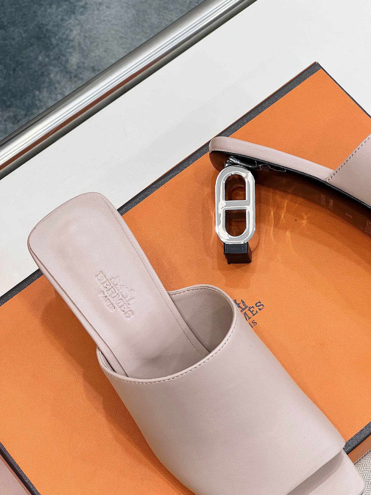 HERMES ICONIQUE 60 SANDAL IN BABY PINK CALFSKIN