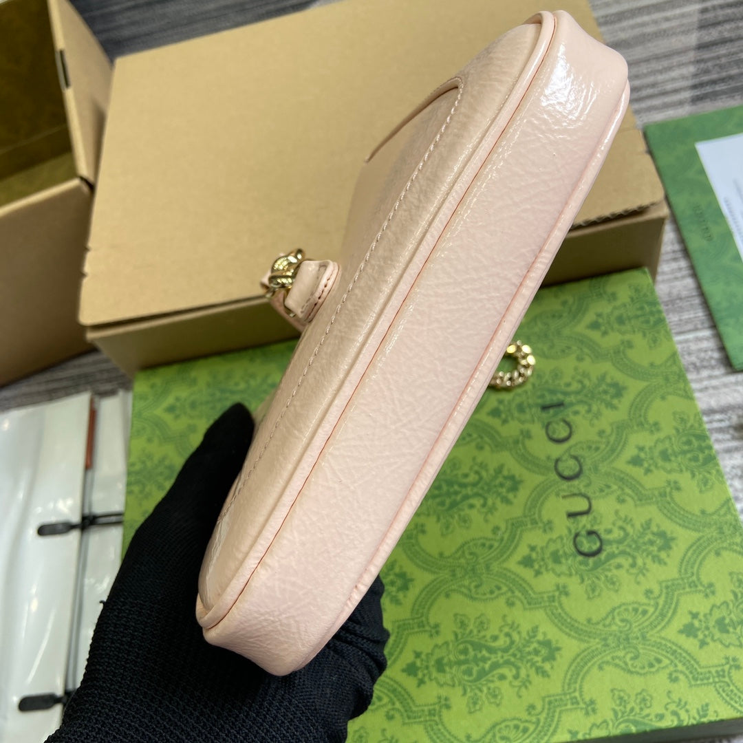 GUCCI JACKIE NOTTE MINI BAG 19 IN LIGHT PINK CRACKED LACQUER CALFSKIN GOLD HARDWARE