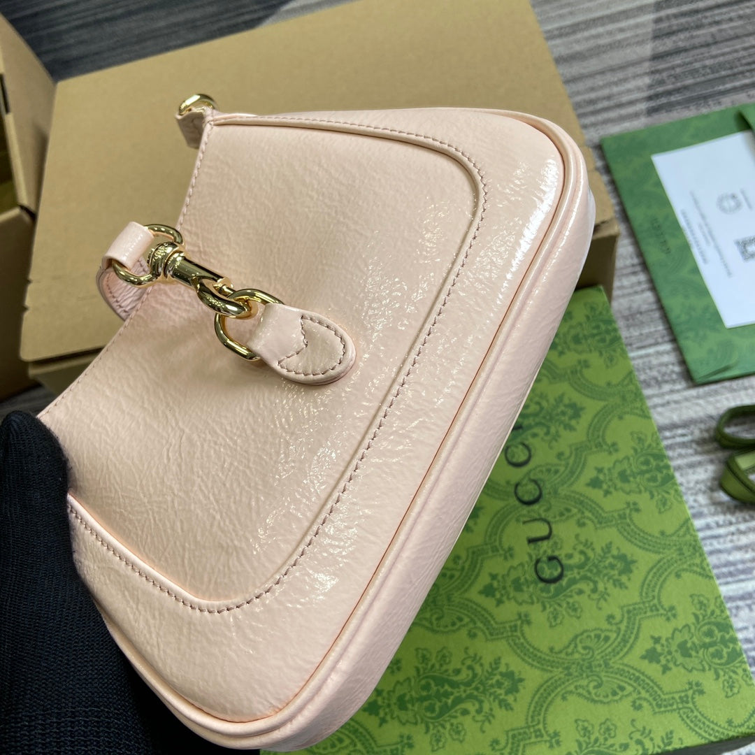 GUCCI JACKIE NOTTE MINI BAG 19 IN LIGHT PINK CRACKED LACQUER CALFSKIN GOLD HARDWARE