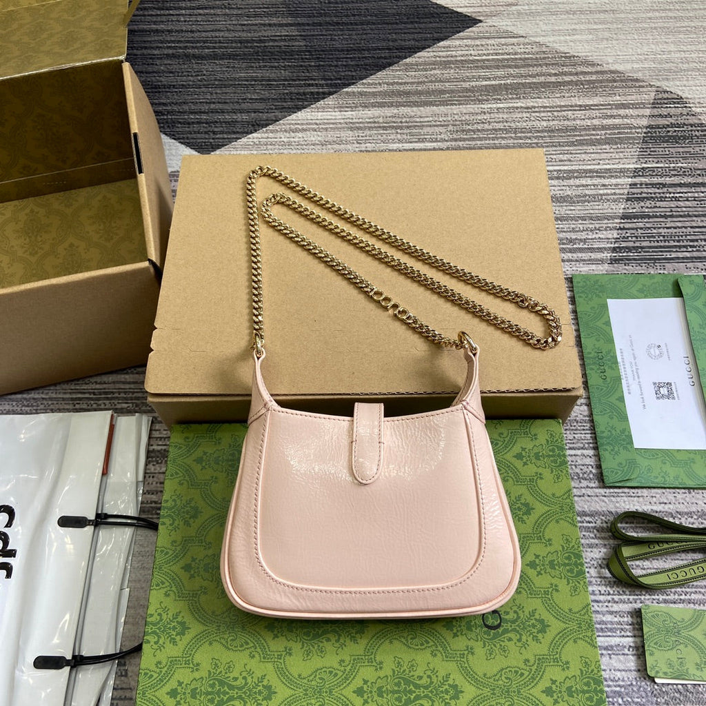 GUCCI JACKIE NOTTE MINI BAG 19 IN LIGHT PINK CRACKED LACQUER CALFSKIN GOLD HARDWARE