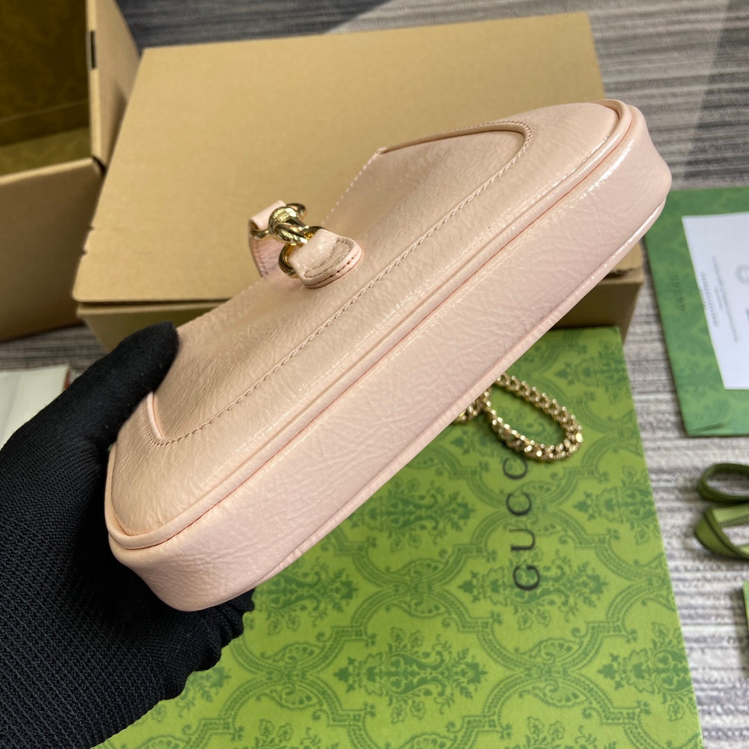 GUCCI JACKIE NOTTE MINI BAG 19 IN LIGHT PINK CRACKED LACQUER CALFSKIN GOLD HARDWARE