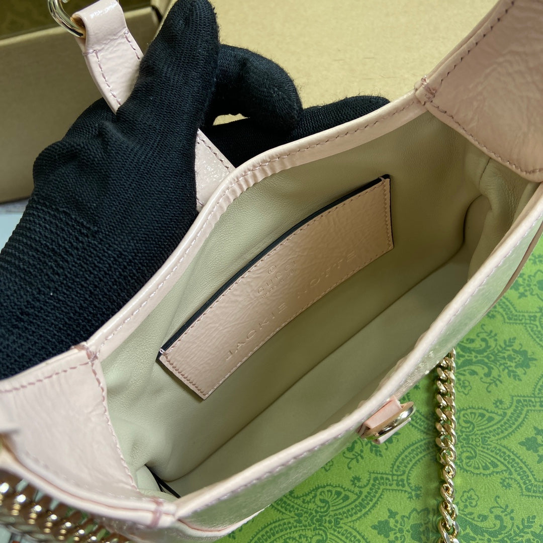 GUCCI JACKIE NOTTE MINI BAG 19 IN LIGHT PINK CRACKED LACQUER CALFSKIN GOLD HARDWARE