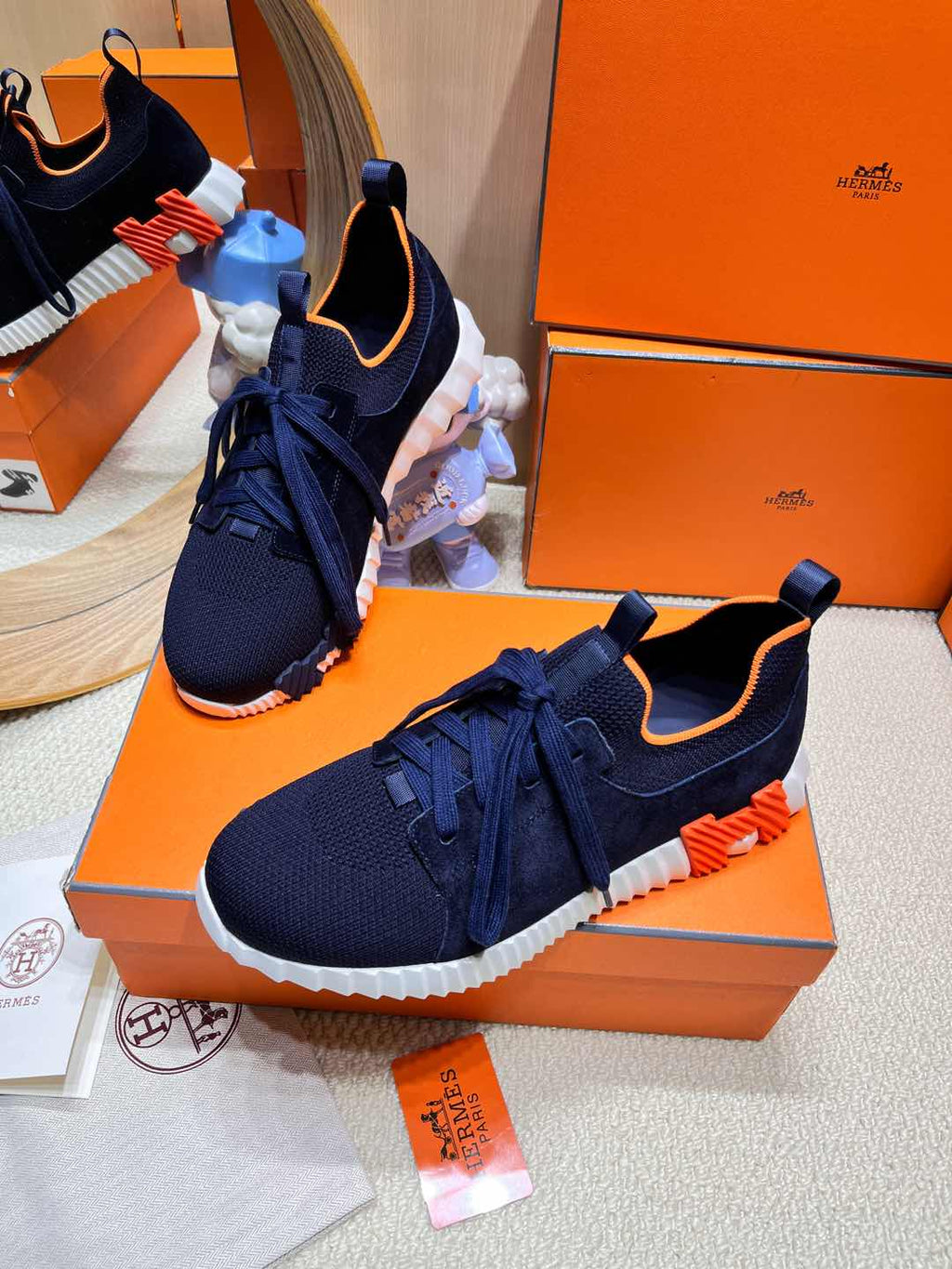 HERMES DEPART SLIP-ON SNEAKER IN NAVY BLUE KNIT AND CALFSKIN