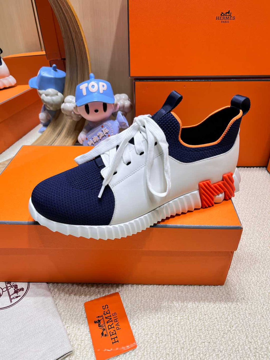 HERMES DEPART SLIP-ON SNEAKER IN NAVY BLUE KNIT AND WHITE CALFSKIN
