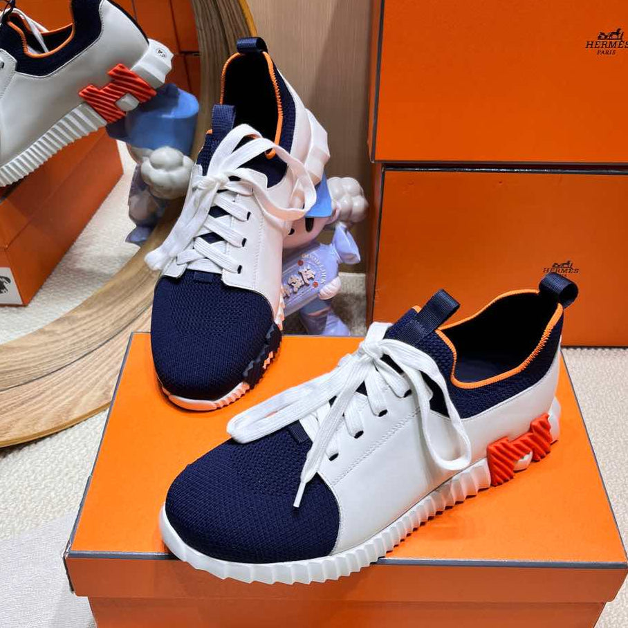 HERMES DEPART SLIP-ON SNEAKER IN NAVY BLUE KNIT AND WHITE CALFSKIN