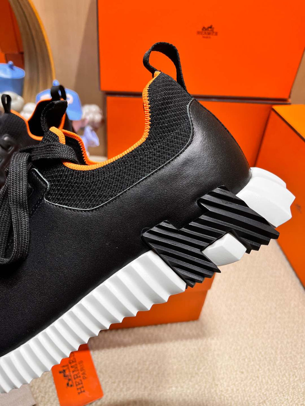 HERMES DEPART SLIP-ON SNEAKER IN BLACK MIX WHITE KNIT AND CALFSKIN