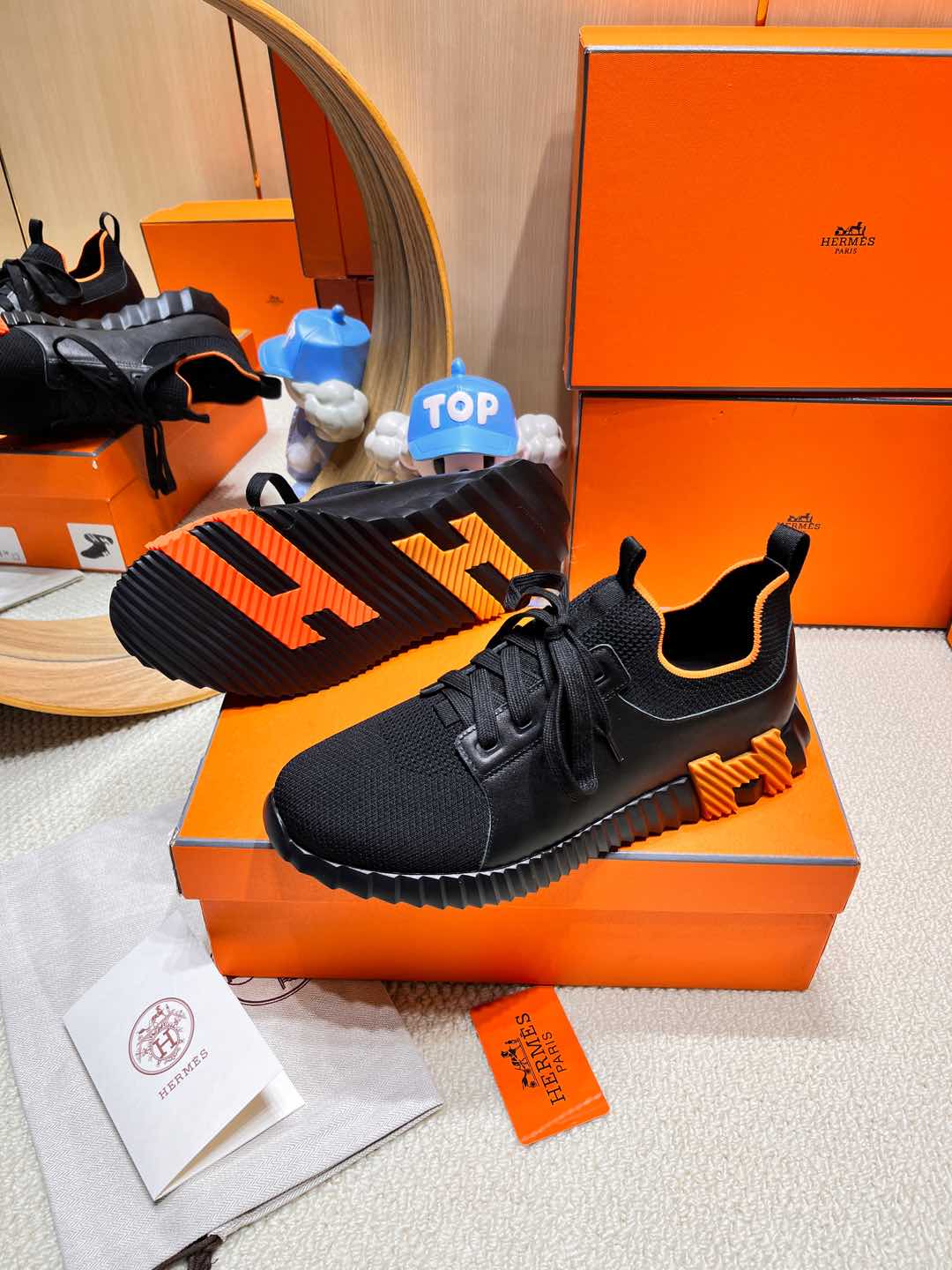 HERMES DEPART SLIP-ON SNEAKER IN BLACK KNIT AND CALFSKIN