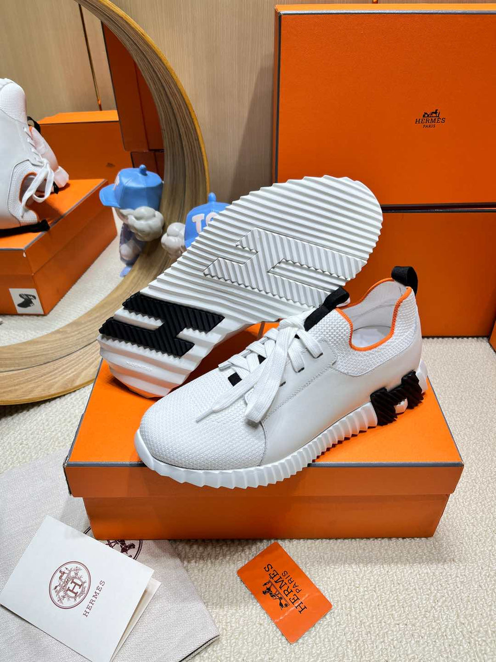 HERMES DEPART SLIP-ON SNEAKER IN WHITE KNIT AND CALFSKIN