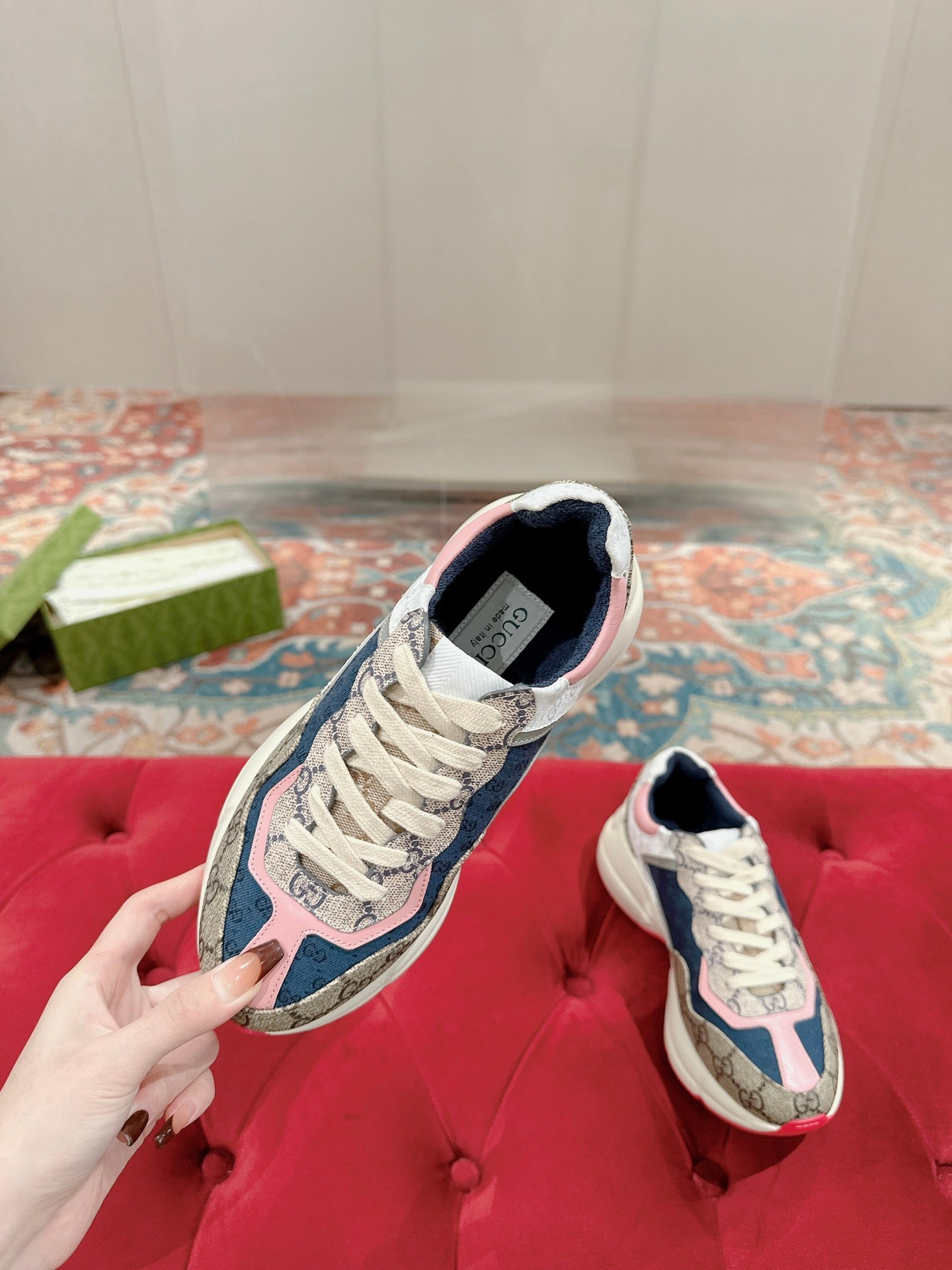 GUCCI RHYTON TRAINER LIGHT BROWN AND PINK CALFSKIN