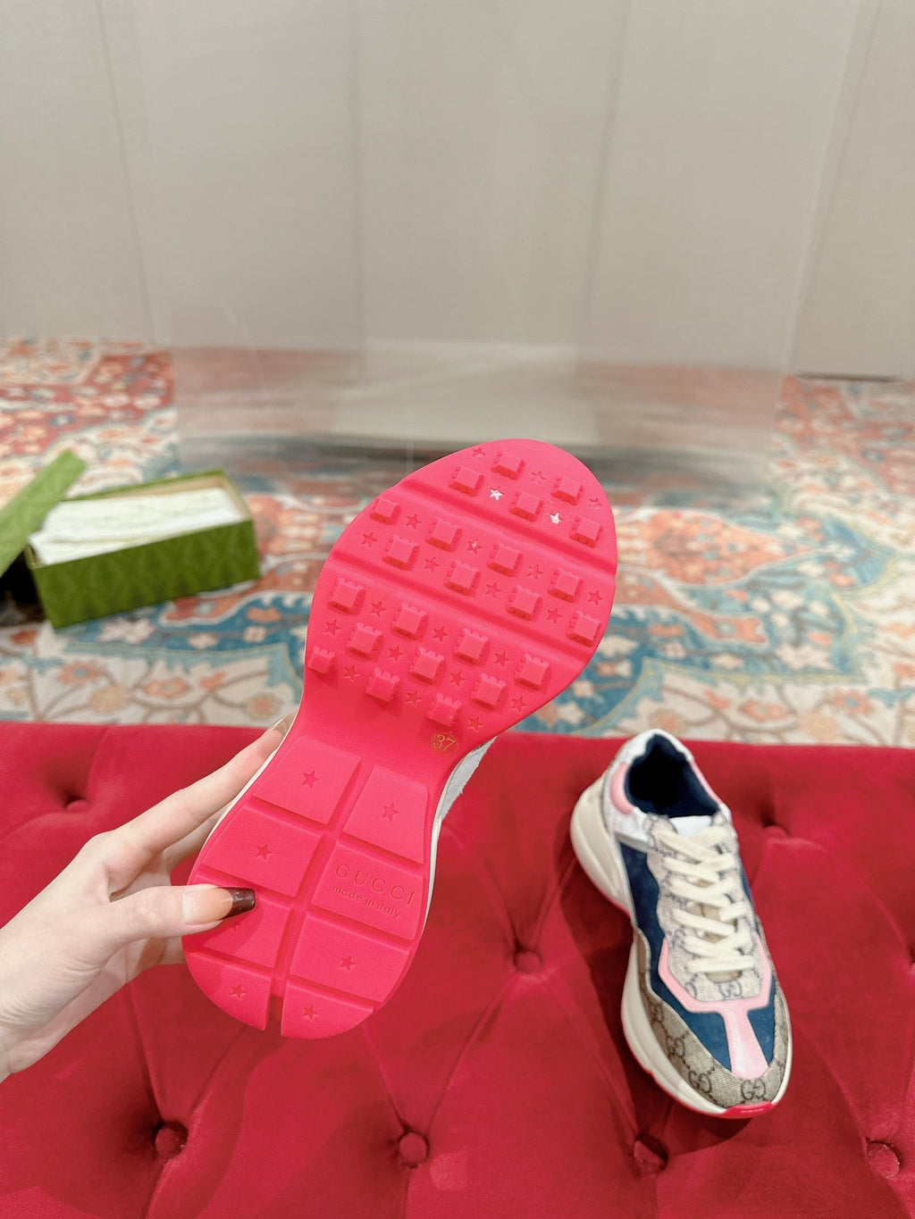 GUCCI RHYTON TRAINER LIGHT BROWN AND PINK CALFSKIN