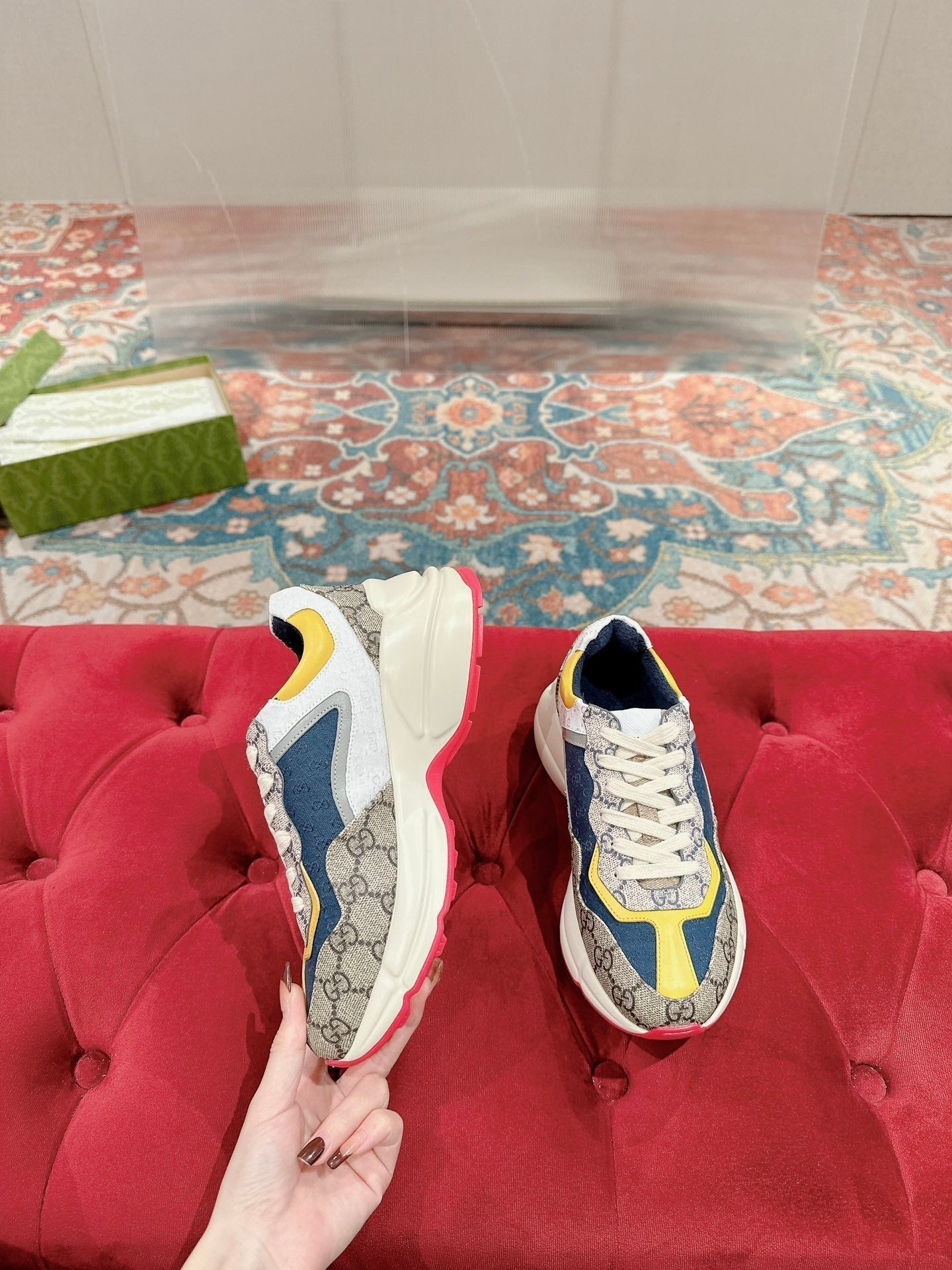 GUCCI RHYTON TRAINER LIGHT BROWN AND LEMON CALFSKIN