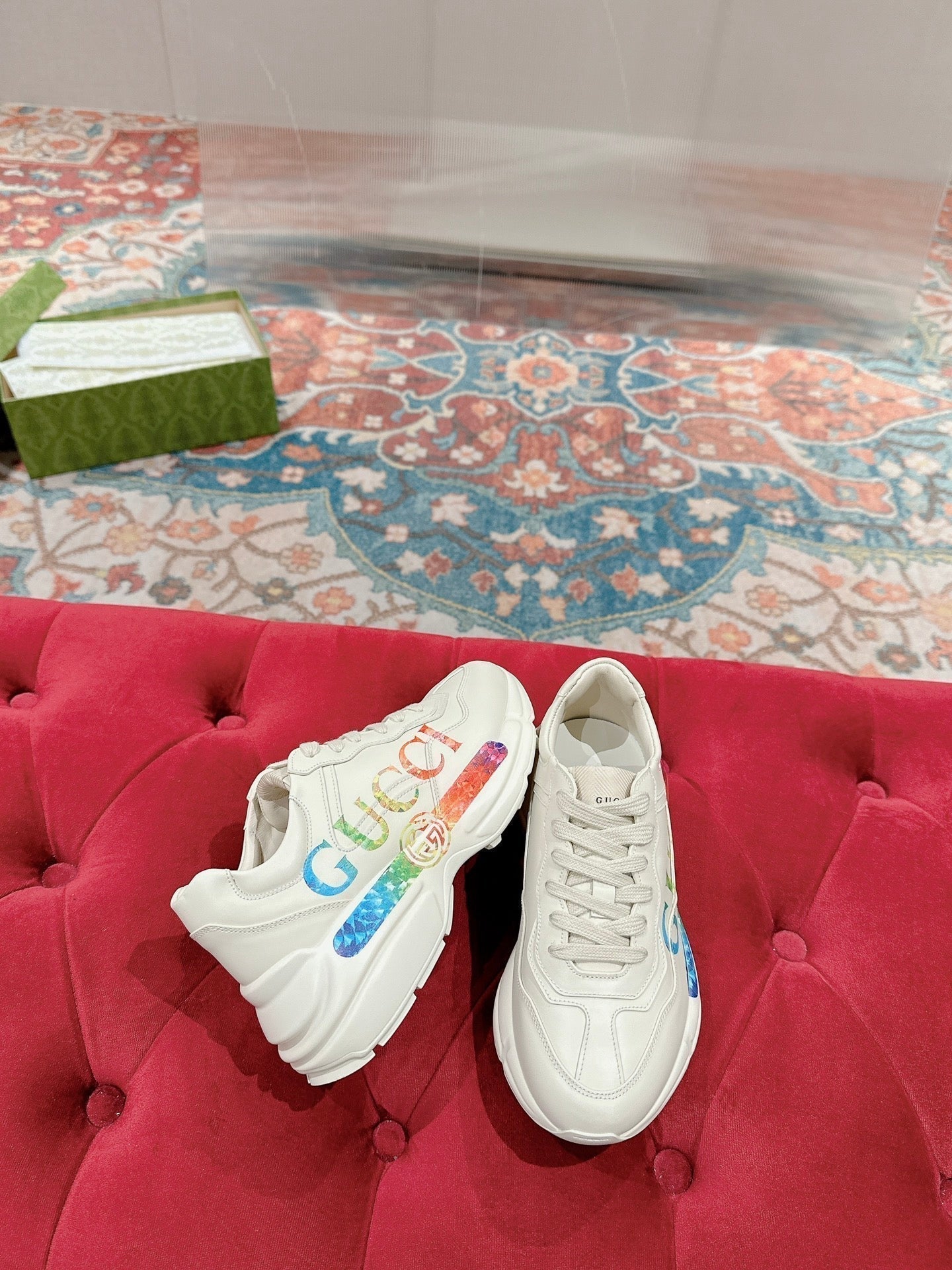 GUCCI RHYTON TRAINER WHITE CALFSKIN WITH MULTI PATTERNS