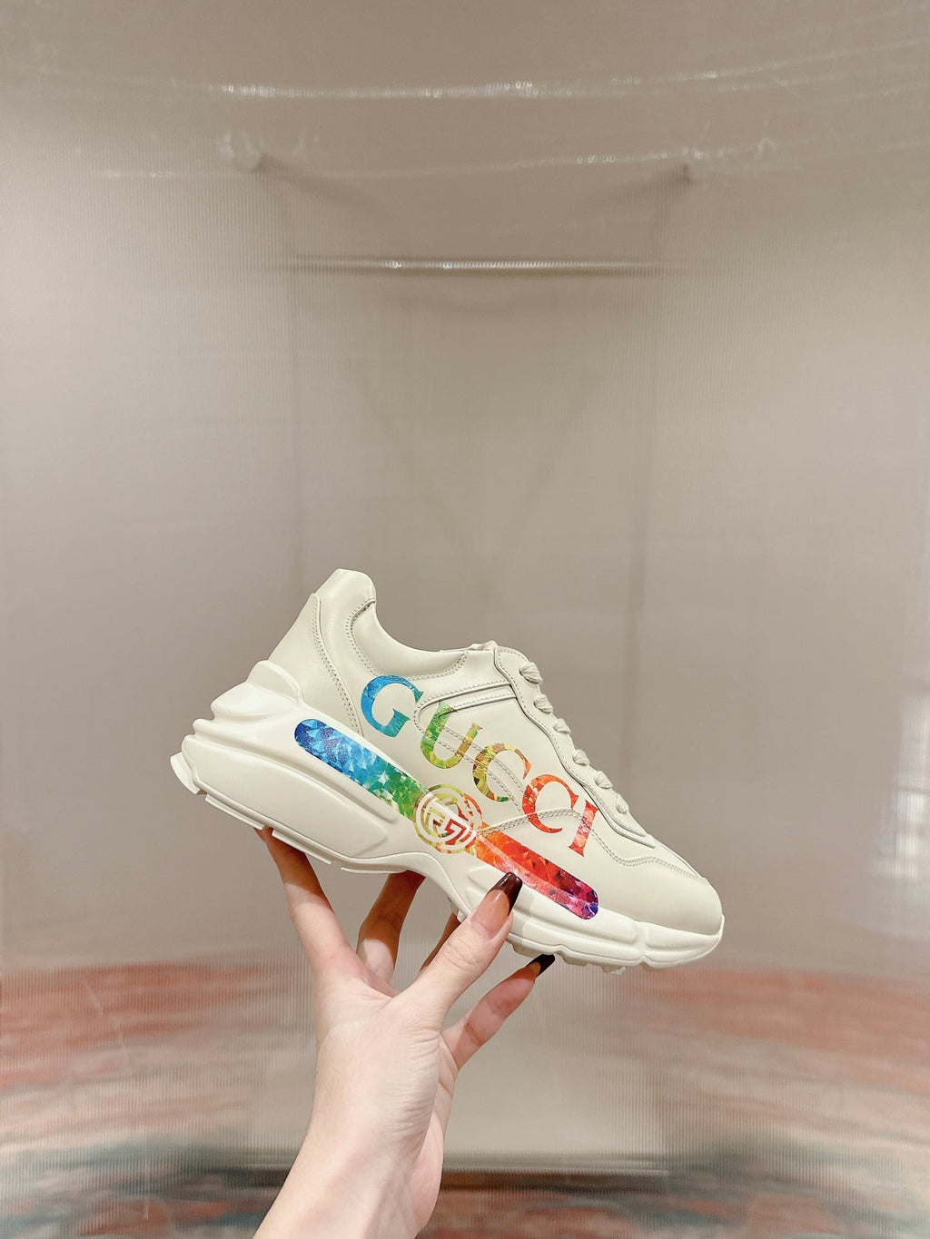 GUCCI RHYTON TRAINER WHITE CALFSKIN WITH MULTI PATTERNS