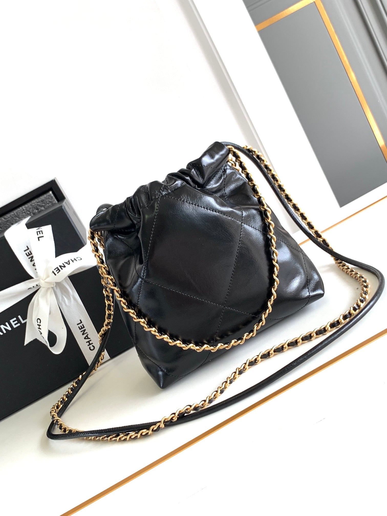 CHANEL MINI 20 BAG IN BLACK SHINNY CALFSKIN WITH GOLD METAL