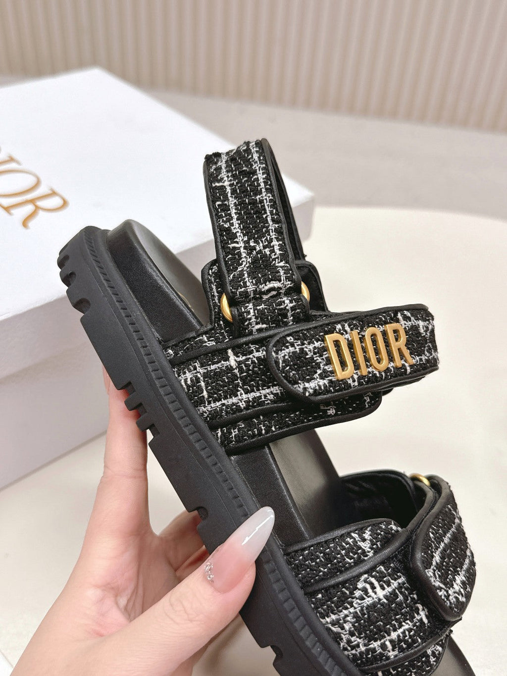 DIOR BACK-STRAP SANDALS 25S IN BLACK TWEED AND CALFSKIN