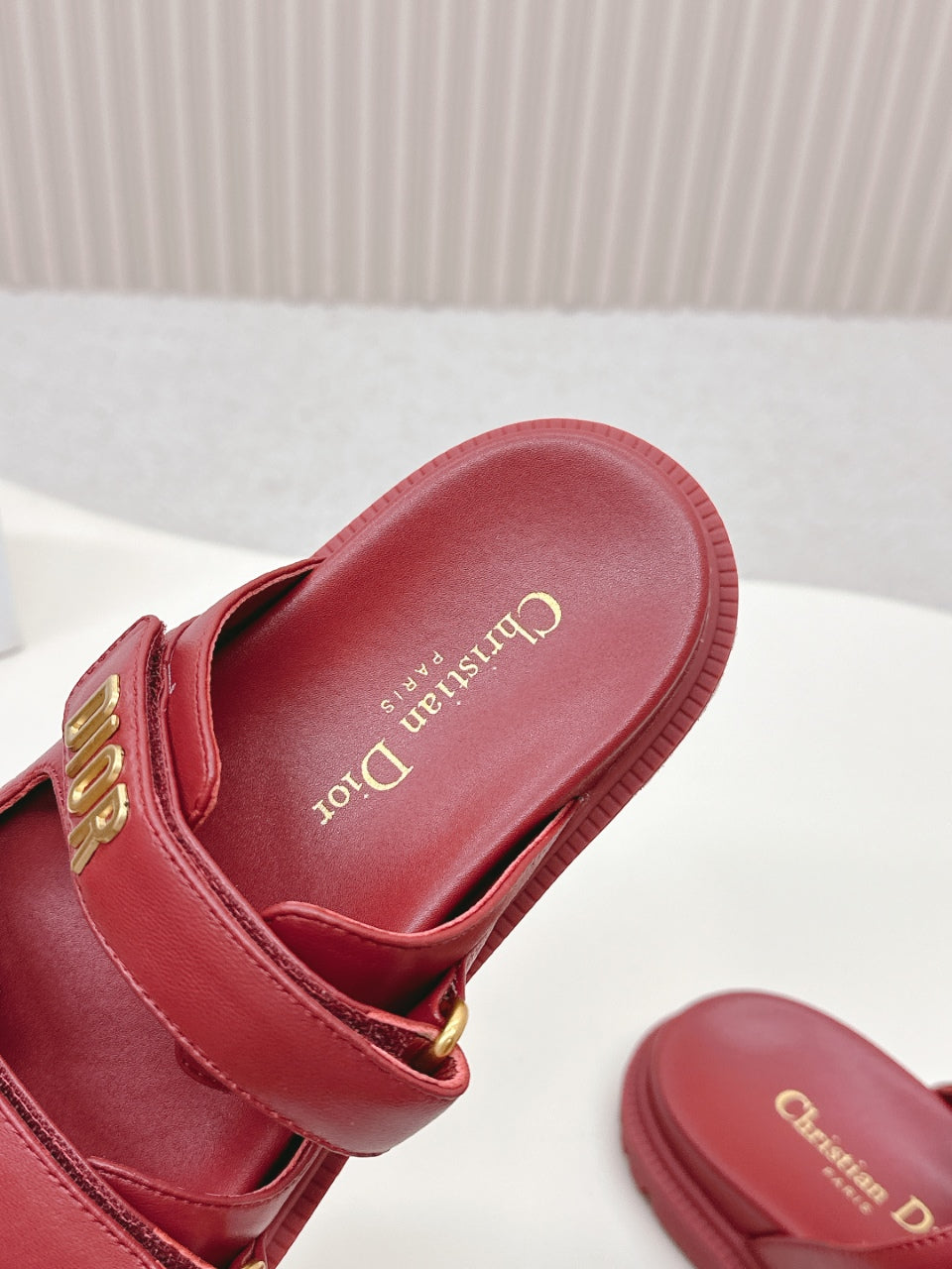 DIOR CLASSIC DOUBLE-STRAP SLIDES 25S IN DARK RED CALFSKIN