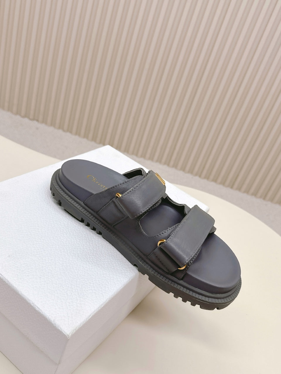 DIOR CLASSIC DOUBLE-STRAP SLIDES 25S IN ASH GRAY CALFSKIN