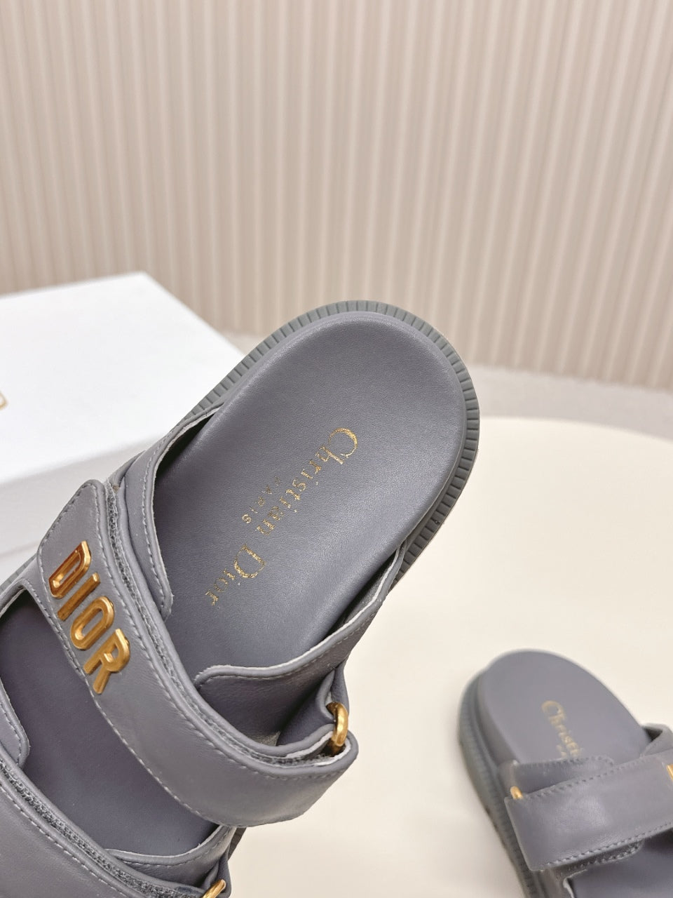 DIOR CLASSIC DOUBLE-STRAP SLIDES 25S IN ASH GRAY CALFSKIN