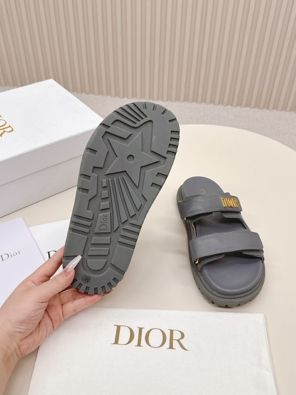 DIOR CLASSIC DOUBLE-STRAP SLIDES 25S IN ASH GRAY CALFSKIN