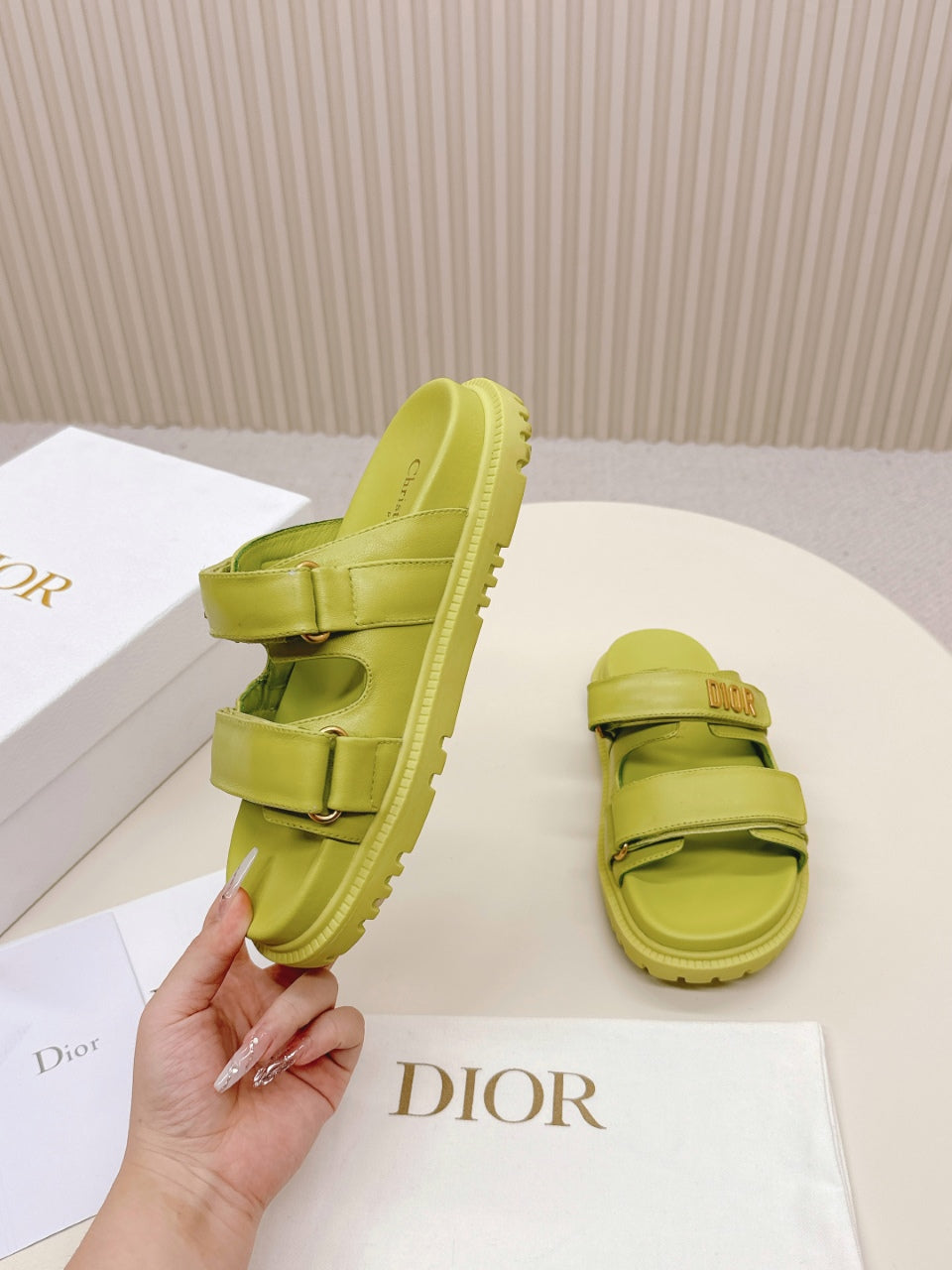 DIOR CLASSIC DOUBLE-STRAP SLIDES 25S IN OLIVE YELLOW CALFSKIN