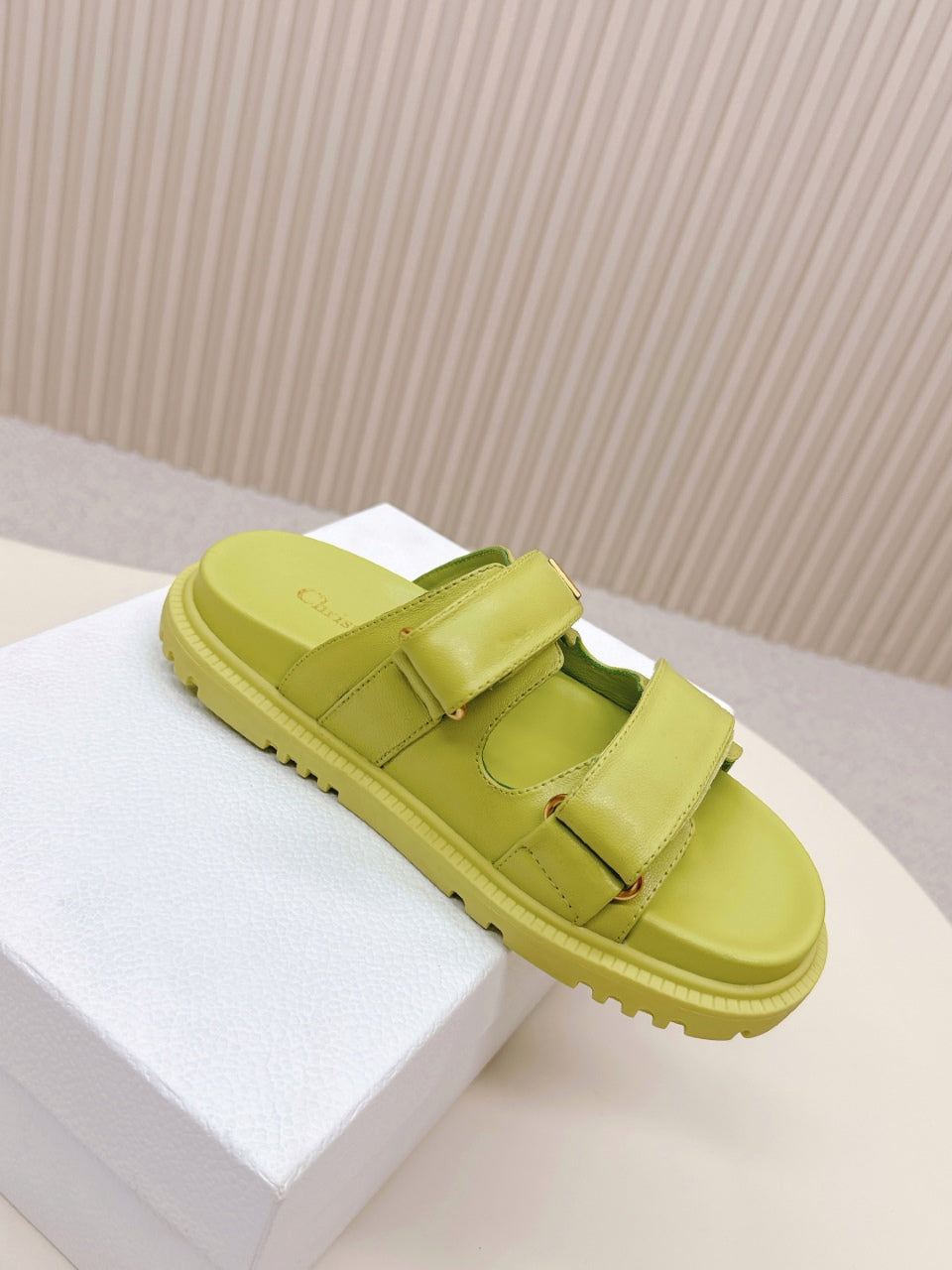 DIOR CLASSIC DOUBLE-STRAP SLIDES 25S IN OLIVE YELLOW CALFSKIN