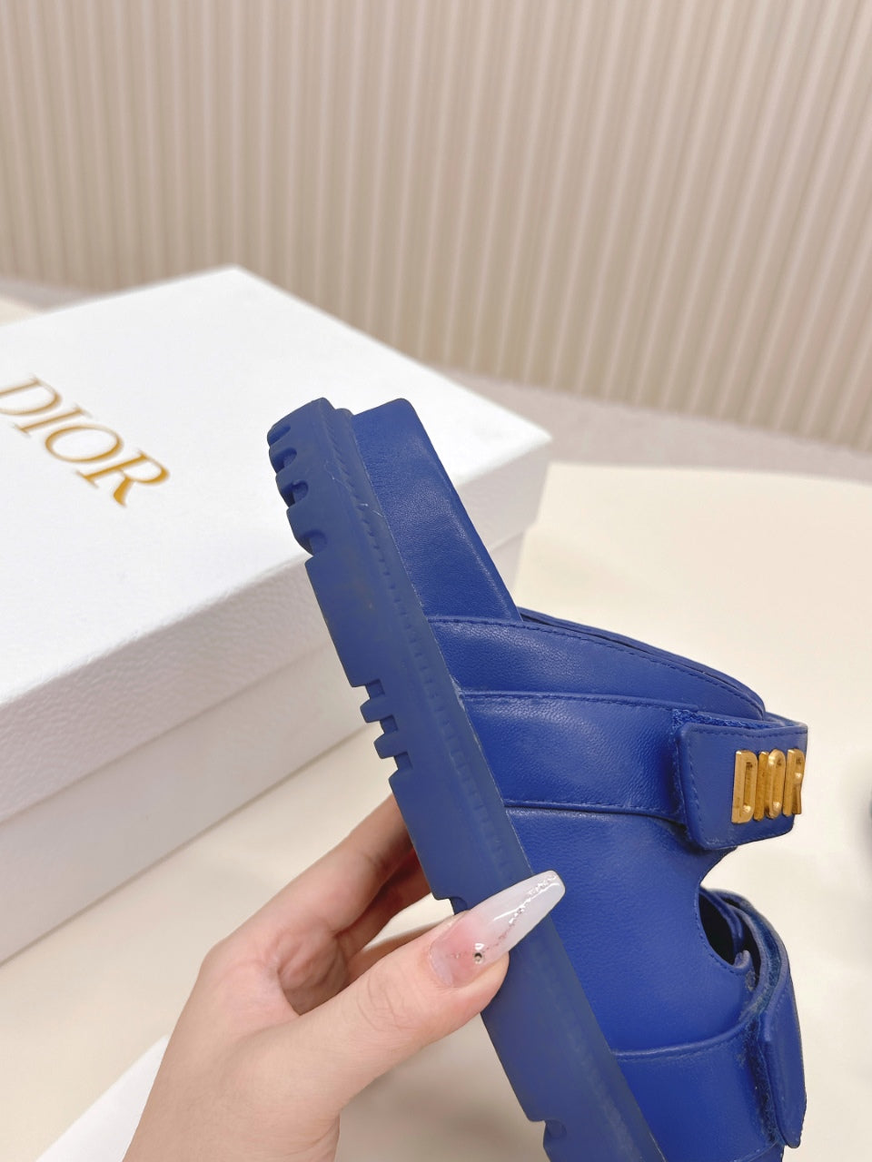 DIOR CLASSIC DOUBLE-STRAP SLIDES 25S IN NAVY BLUE CALFSKIN