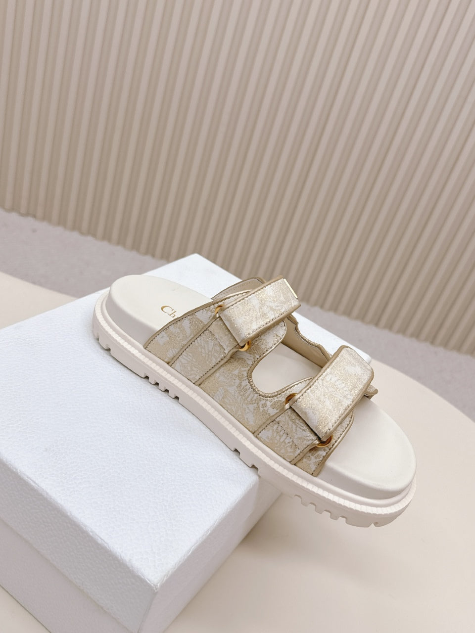 DIOR CLASSIC DOUBLE-STRAP SLIDES 25S IN WHITE MIX BEIGE FABRIC AND CALFSKIN