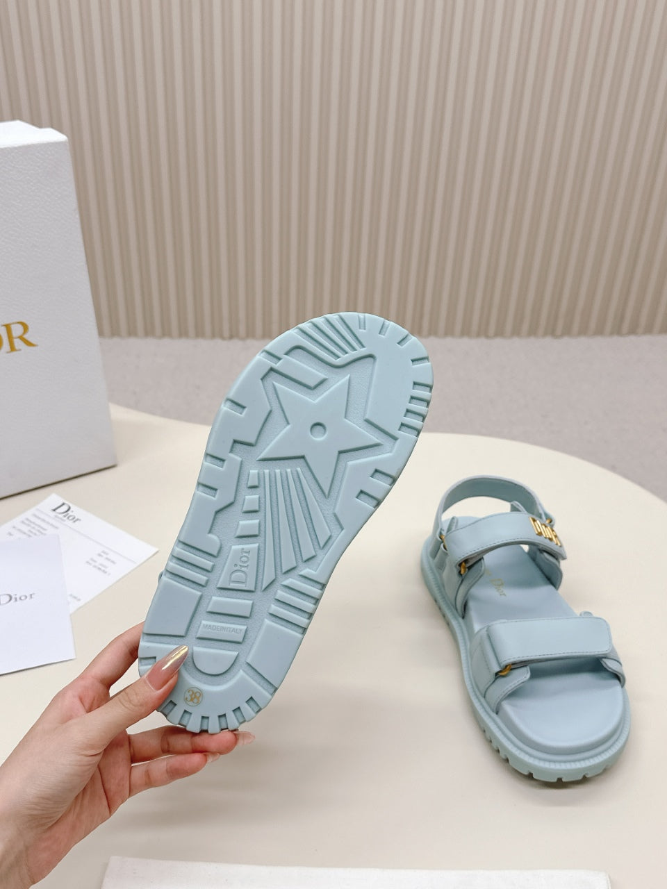 DIOR BACK-STRAP SANDALS 25S IN PASTEL BLUE CALFSKIN WITH GOLD HARDWARE