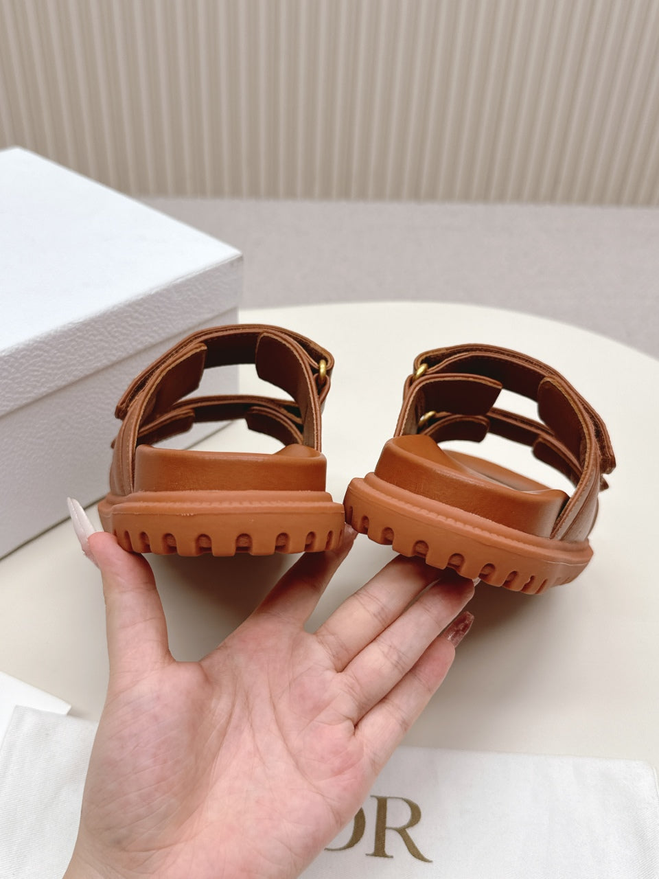 DIOR CLASSIC DOUBLE-STRAP SLIDES 25S IN BROWN CALFSKIN