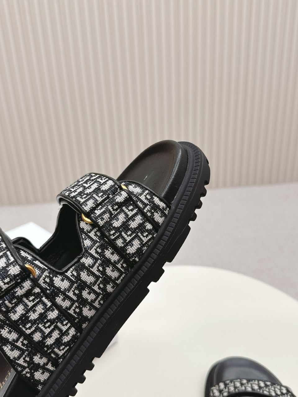 DIOR CLASSIC DOUBLE-STRAP SLIDES 25S IN BLACK FABRIC AND CALFSKIN