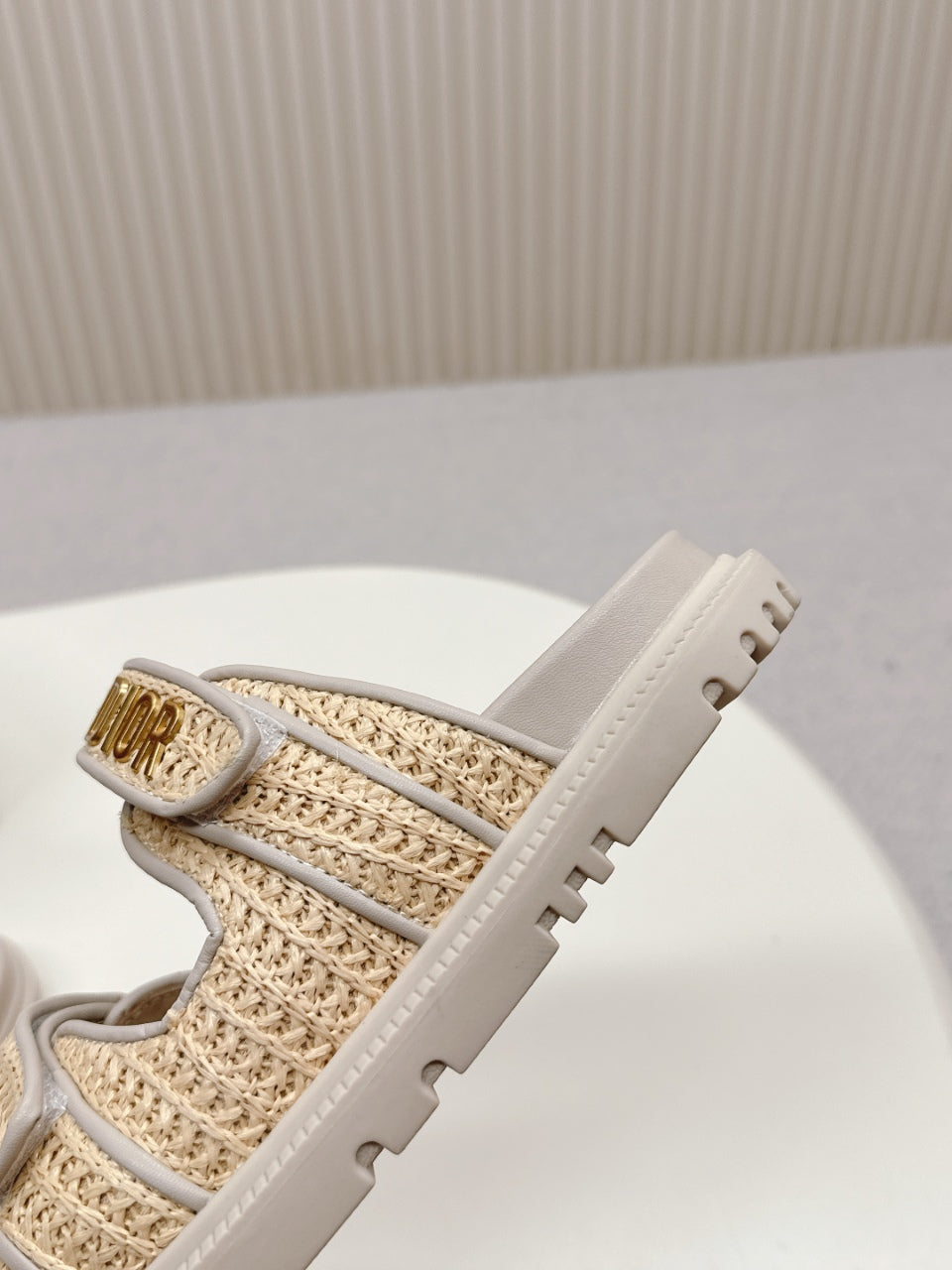 DIOR CLASSIC DOUBLE-STRAP SLIDES 25S IN BEIGE RAFFIA AND TAUPE BEIGE CALFSKIN