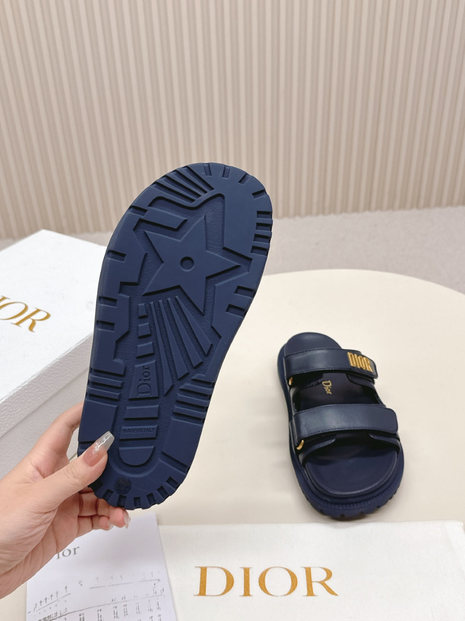 DIOR CLASSIC DOUBLE-STRAP SLIDES 25S IN MIDNIGHT BLUE CALFSKIN
