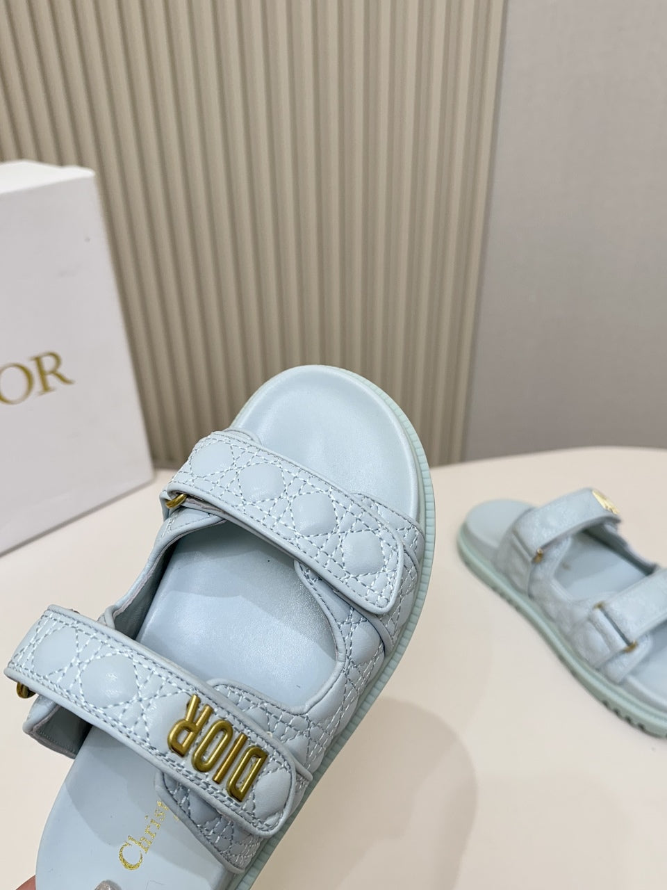DIOR CLASSIC DOUBLE-STRAP SLIDES 25S IN PASTEL BLUE CALFSKIN