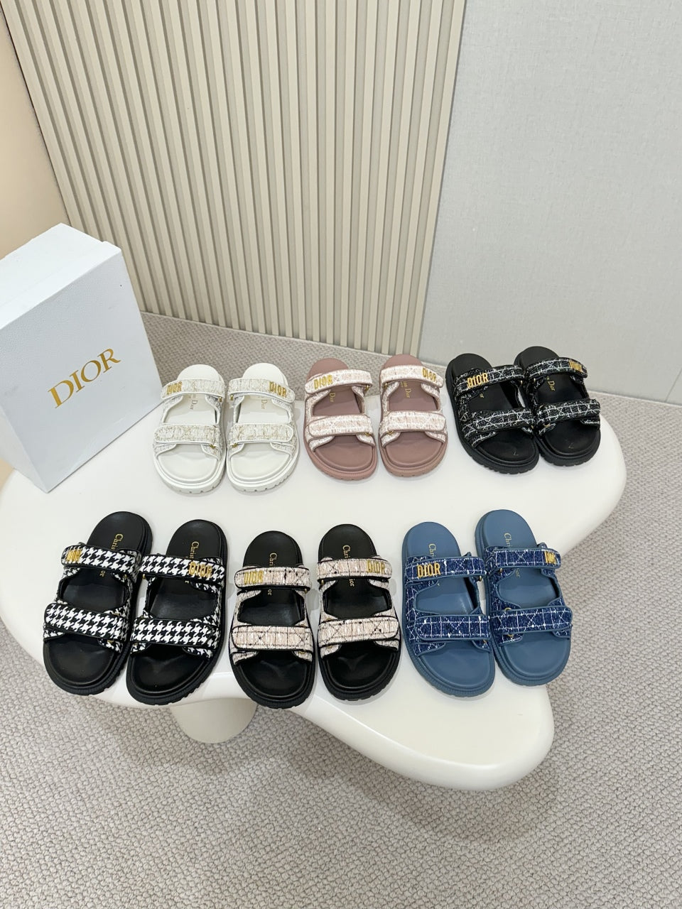 DIOR CLASSIC DOUBLE-STRAP SLIDES 25S IN WHITE MIX BLACK TWEED AND CALFSKIN