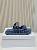 DIOR CLASSIC DOUBLE-STRAP SLIDES 25S IN NAVY BLUE TWEED AND CALFSKIN