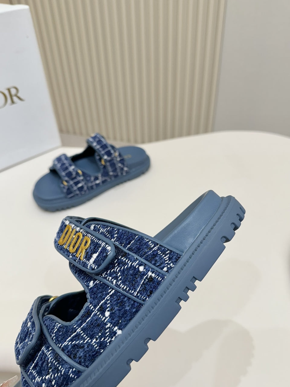 DIOR CLASSIC DOUBLE-STRAP SLIDES 25S IN NAVY BLUE TWEED AND CALFSKIN