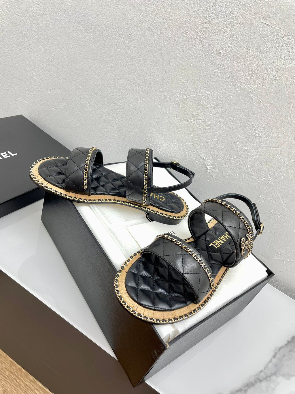 CHANEL DOUBLE STRAPS SANDALS IN BLACK LAMBSKIN