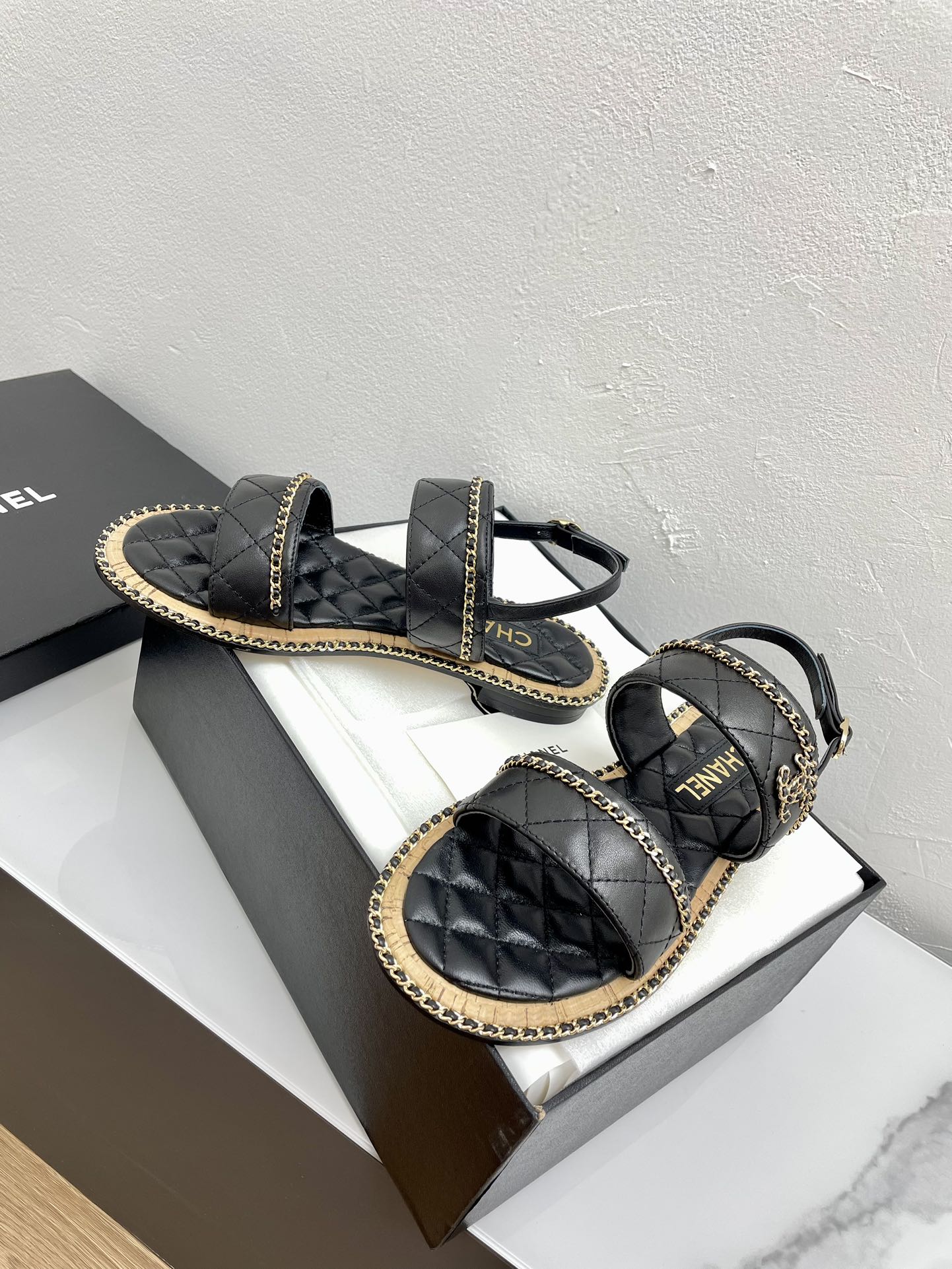 CHANEL DOUBLE STRAPS SANDALS IN BLACK LAMBSKIN