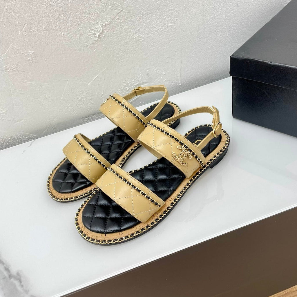 CHANEL DOUBLE STRAPS SANDALS IN YELLOW CREAM LAMBSKIN