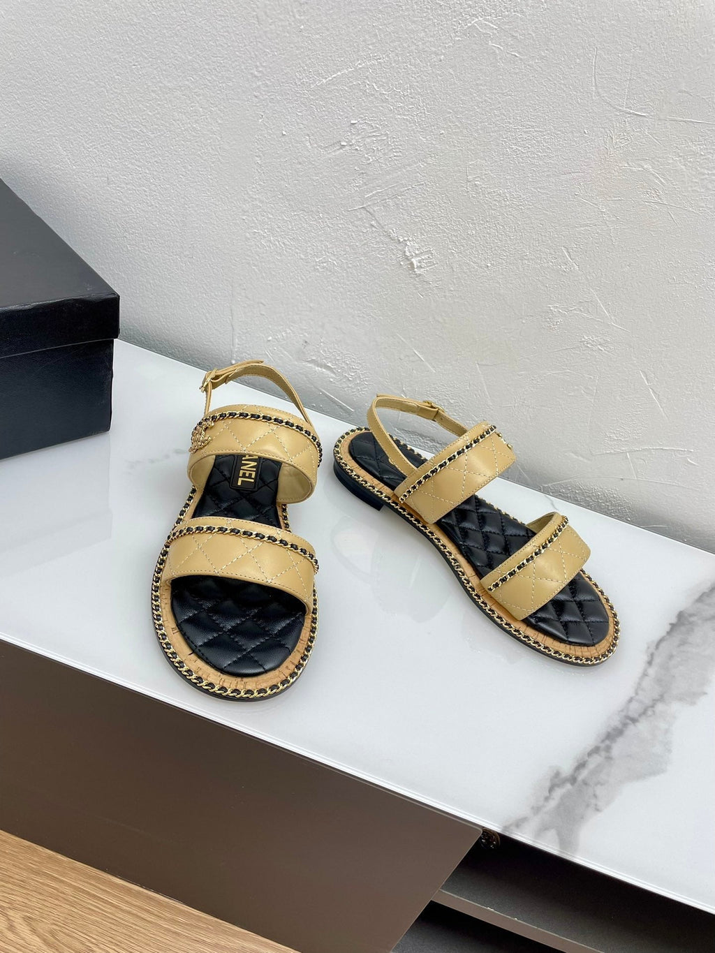 CHANEL DOUBLE STRAPS SANDALS IN YELLOW CREAM LAMBSKIN