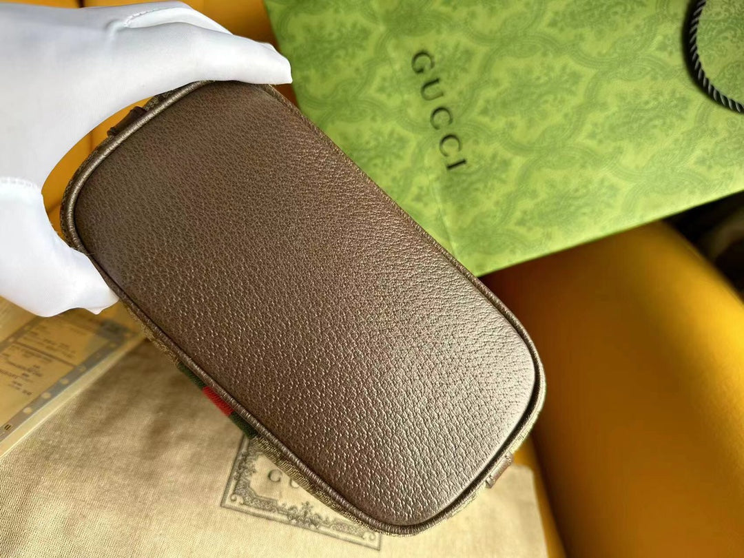 GUCCI OPHIDIA 21  SMALL SHOULDER BAG IN BEIGE CANVAS AND BROWN CALFSKIN