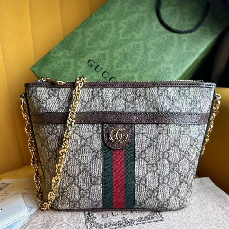 GUCCI OPHIDIA 21  SMALL SHOULDER BAG IN BEIGE CANVAS AND BROWN CALFSKIN