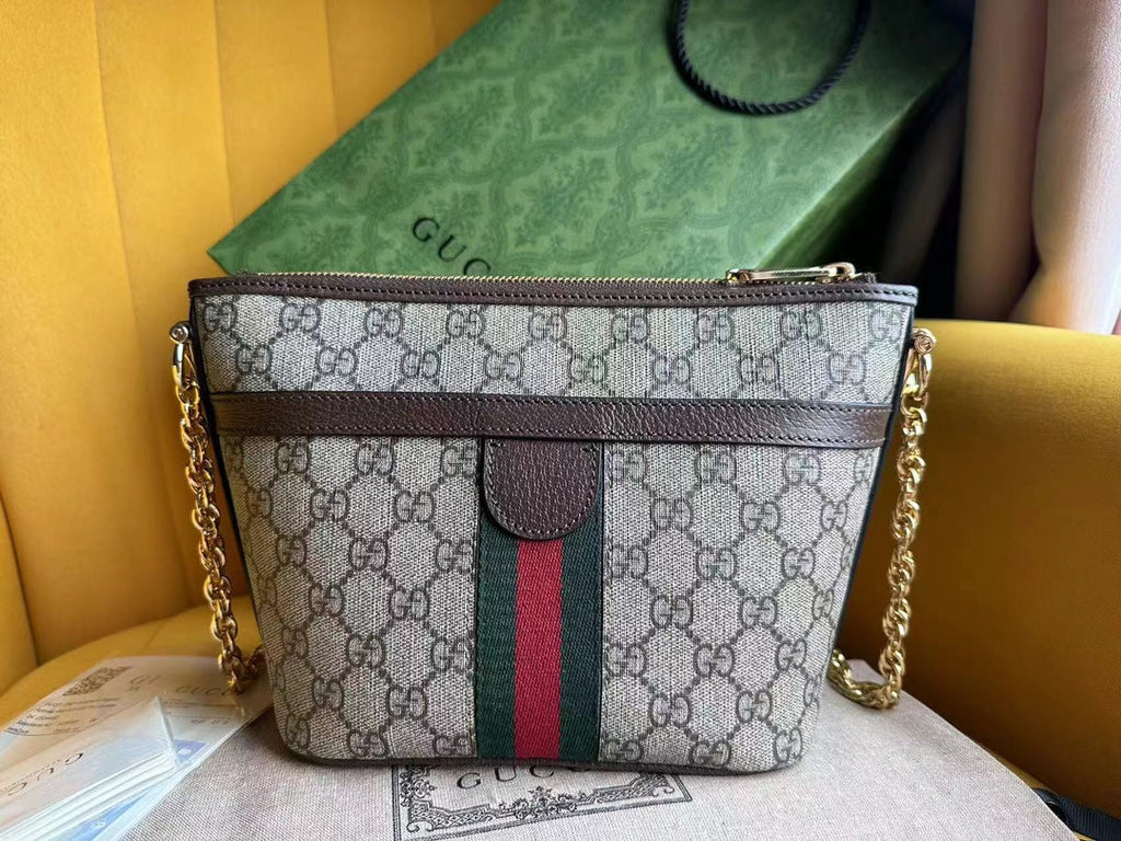 GUCCI OPHIDIA 21  SMALL SHOULDER BAG IN BEIGE CANVAS AND BROWN CALFSKIN