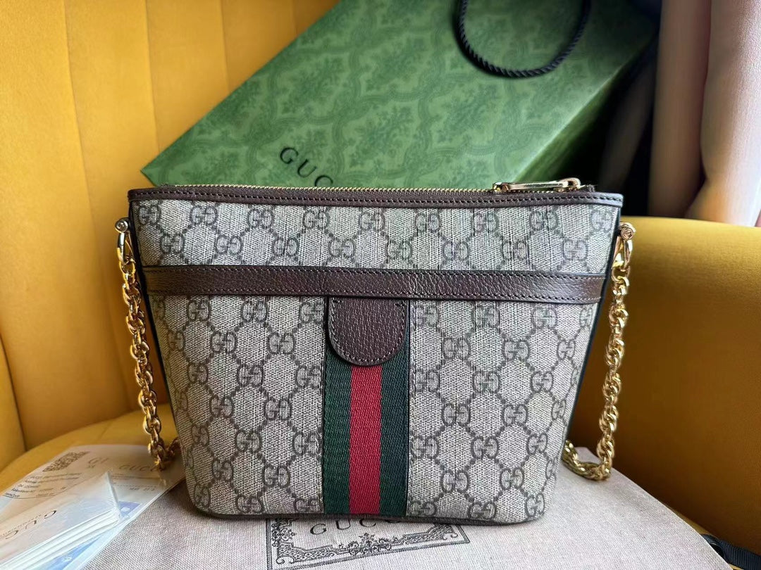 GUCCI OPHIDIA 21  SMALL SHOULDER BAG IN BEIGE CANVAS AND BROWN CALFSKIN