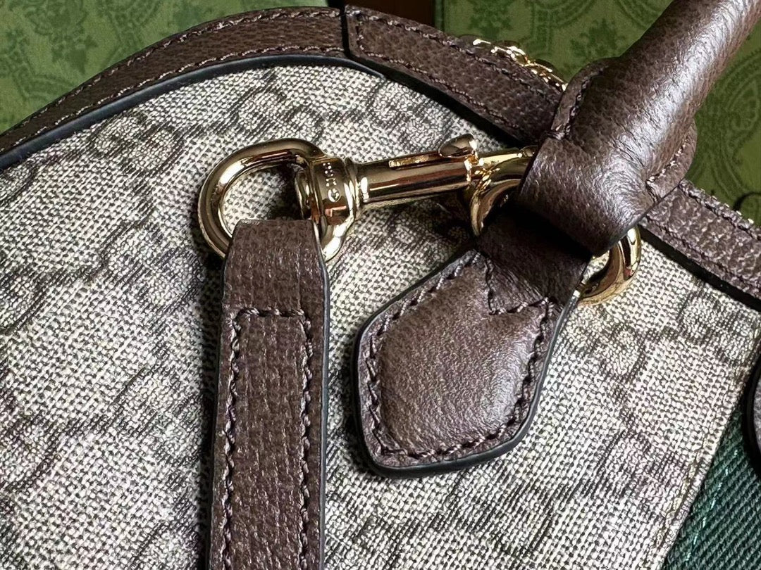GUCCI OPHIDIA 31 SMALL TOP HANDLE BAG IN BEIGE CANVAS AND BROWN CALFSKIN