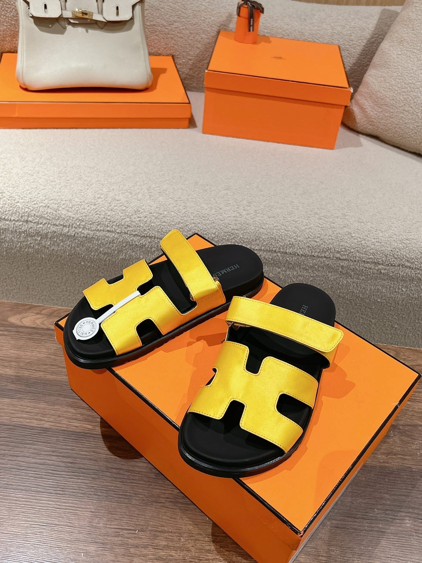 HERMES CHYPRE SANDAL BLACK MIX BRIGHT YELLOW CALFSKIN