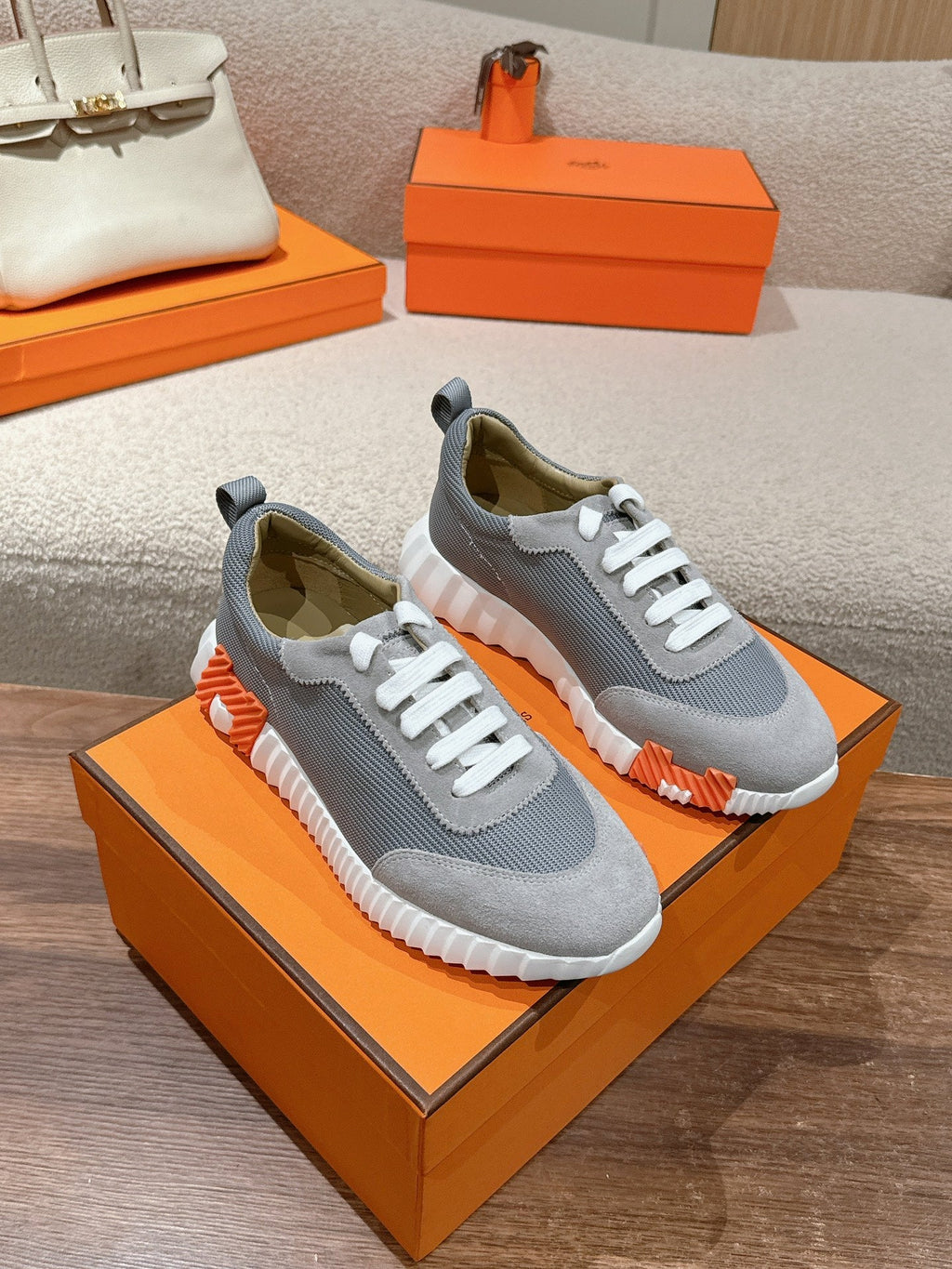 HERMES MAINLAND SNEAKER IN ASH GRAY SUEDE AND SHARK GRAY BREATHABLE MESH FABRIC