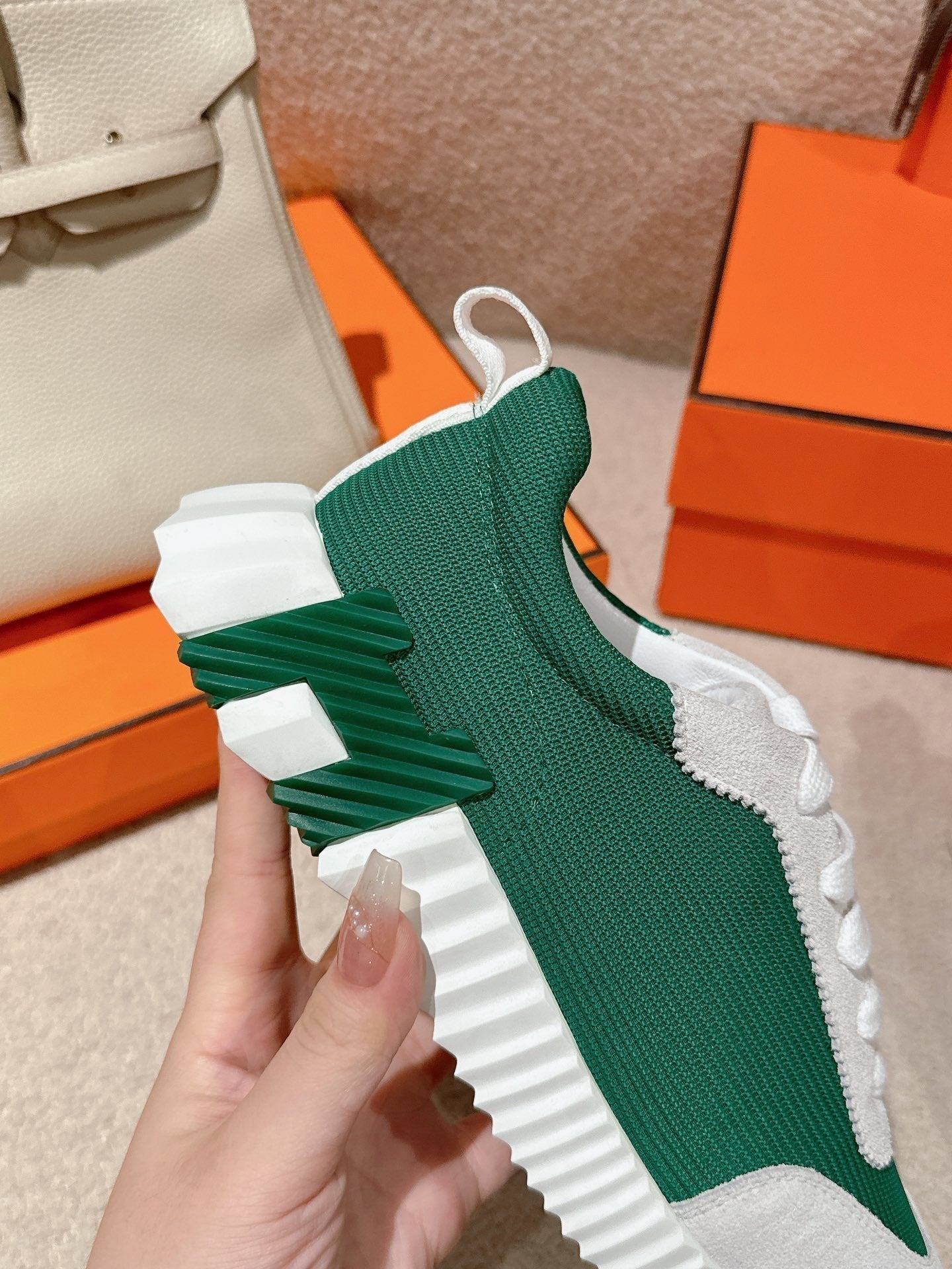 HERMES MAINLAND SNEAKER IN PALE GRAY SUEDE AND FOREST GREEN BREATHABLE MESH FABRIC