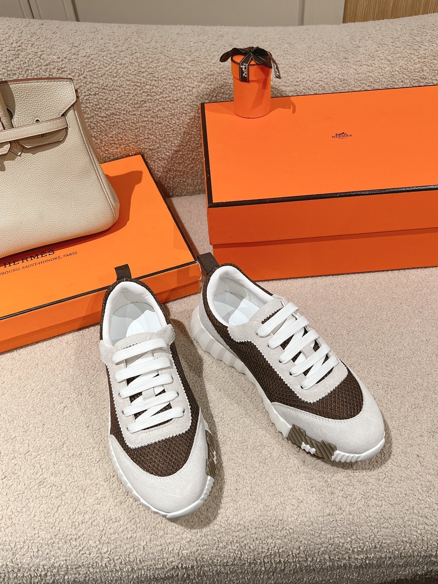 HERMES MAINLAND SNEAKER IN PALE GRAY SUEDE AND MOCHA BROWN BREATHABLE MESH FABRIC